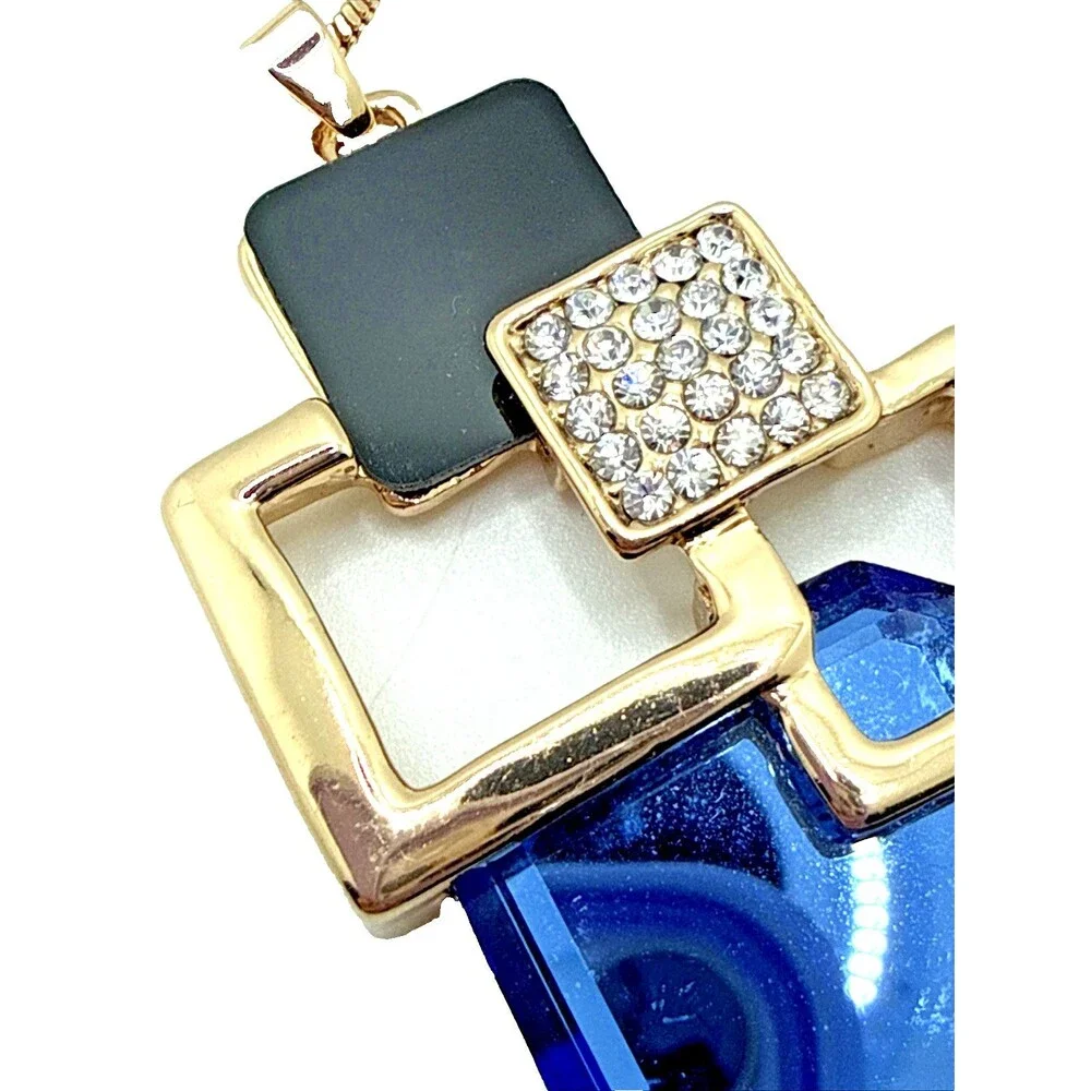 NEW Modernist Geometric Square Statement Necklace Blue Crystal Accents 32